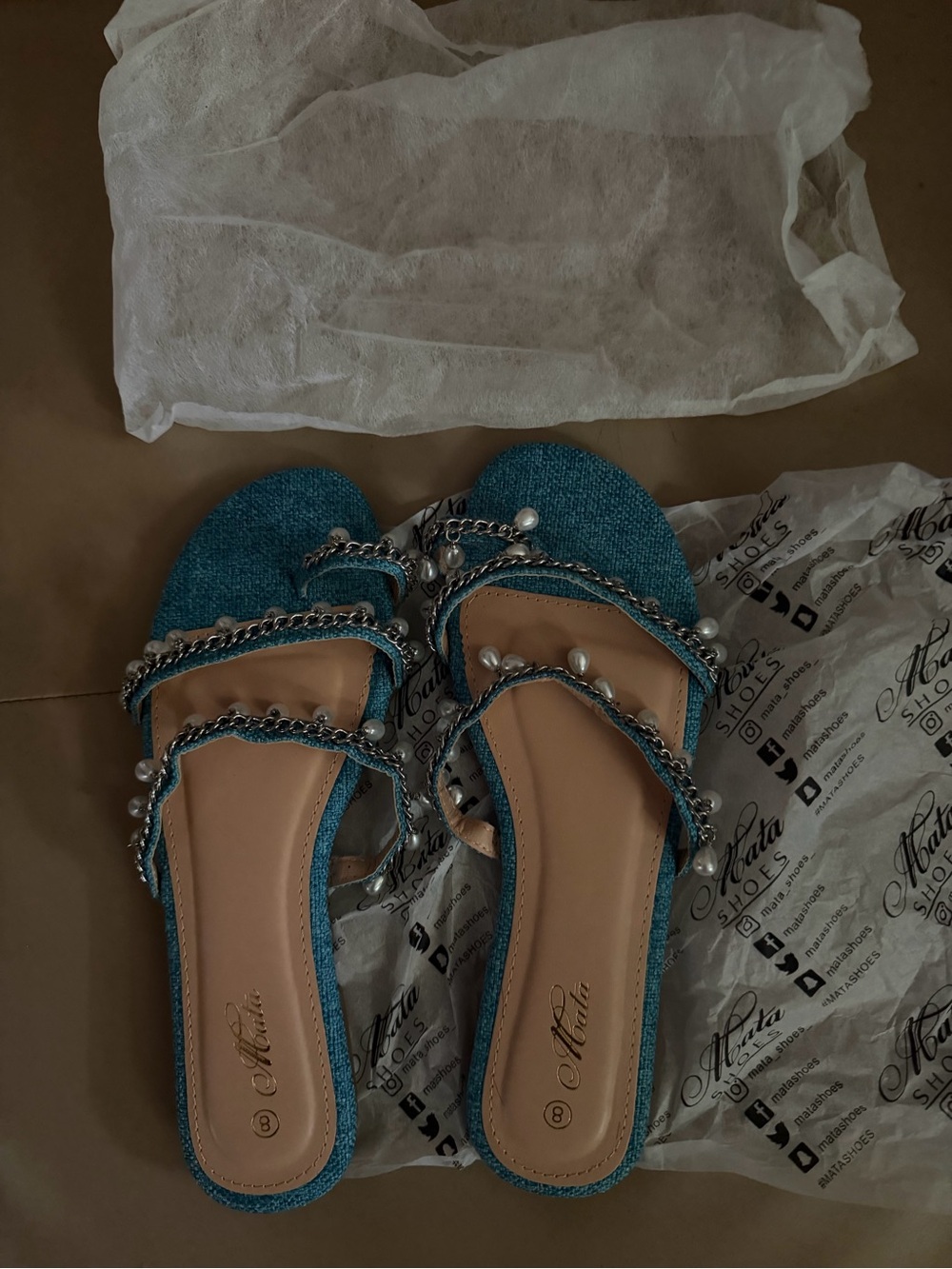 Alba Teal Beaded Slide Sandals comes with dust bag size 8 women